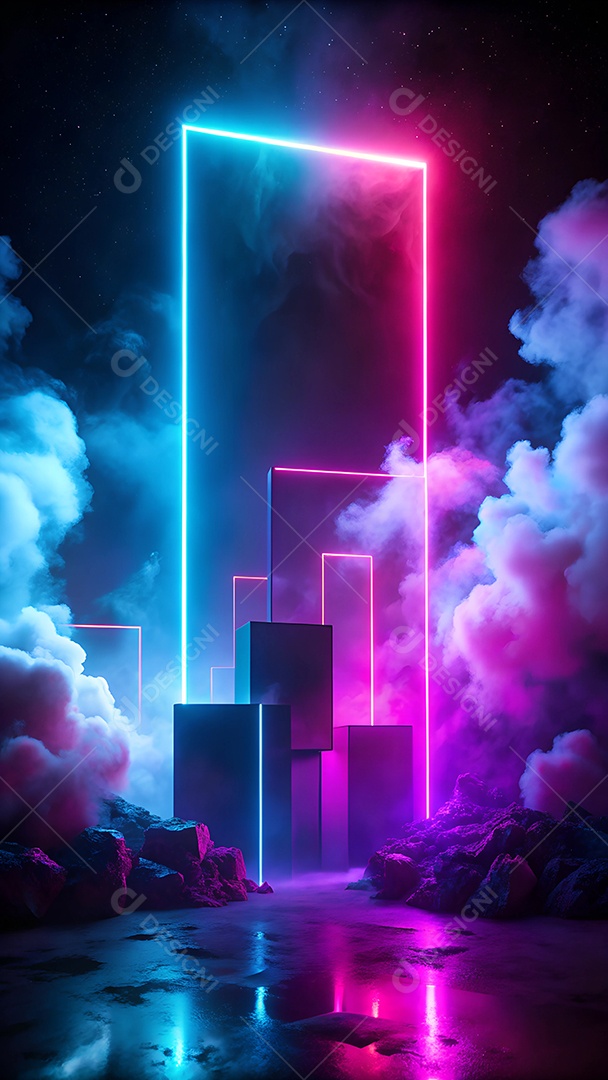 Retângulos coloridos neon com fumaça