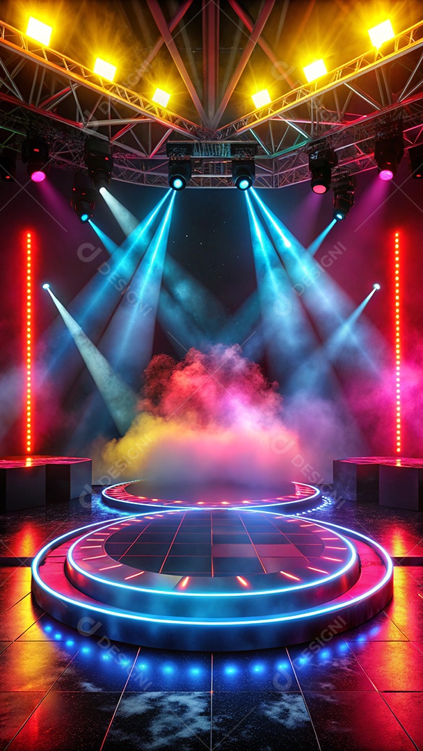 Palco de show com luzes neon fumaça