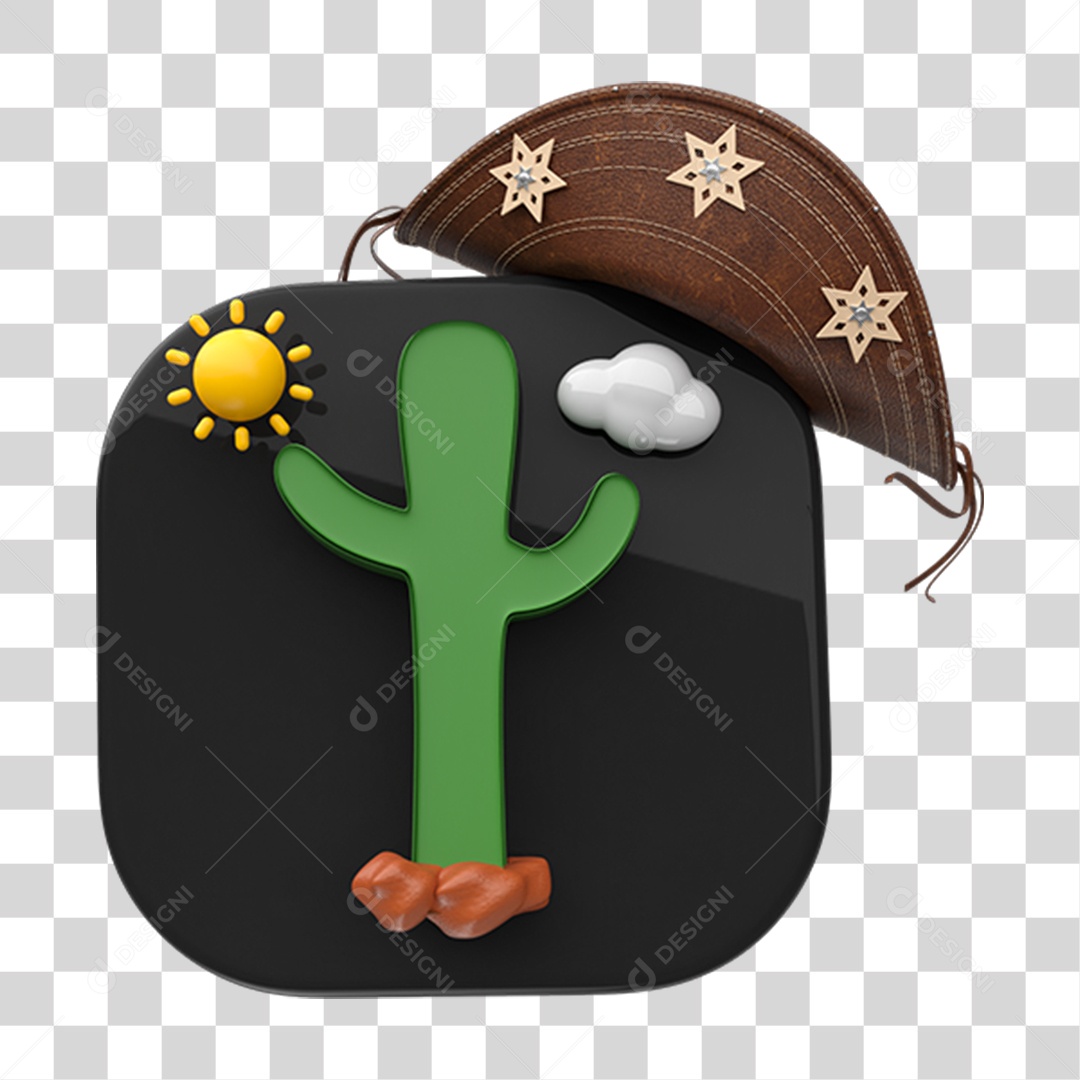 Elemento 3D Placa com Cacto Chapéu Nordestino PNG Transparente