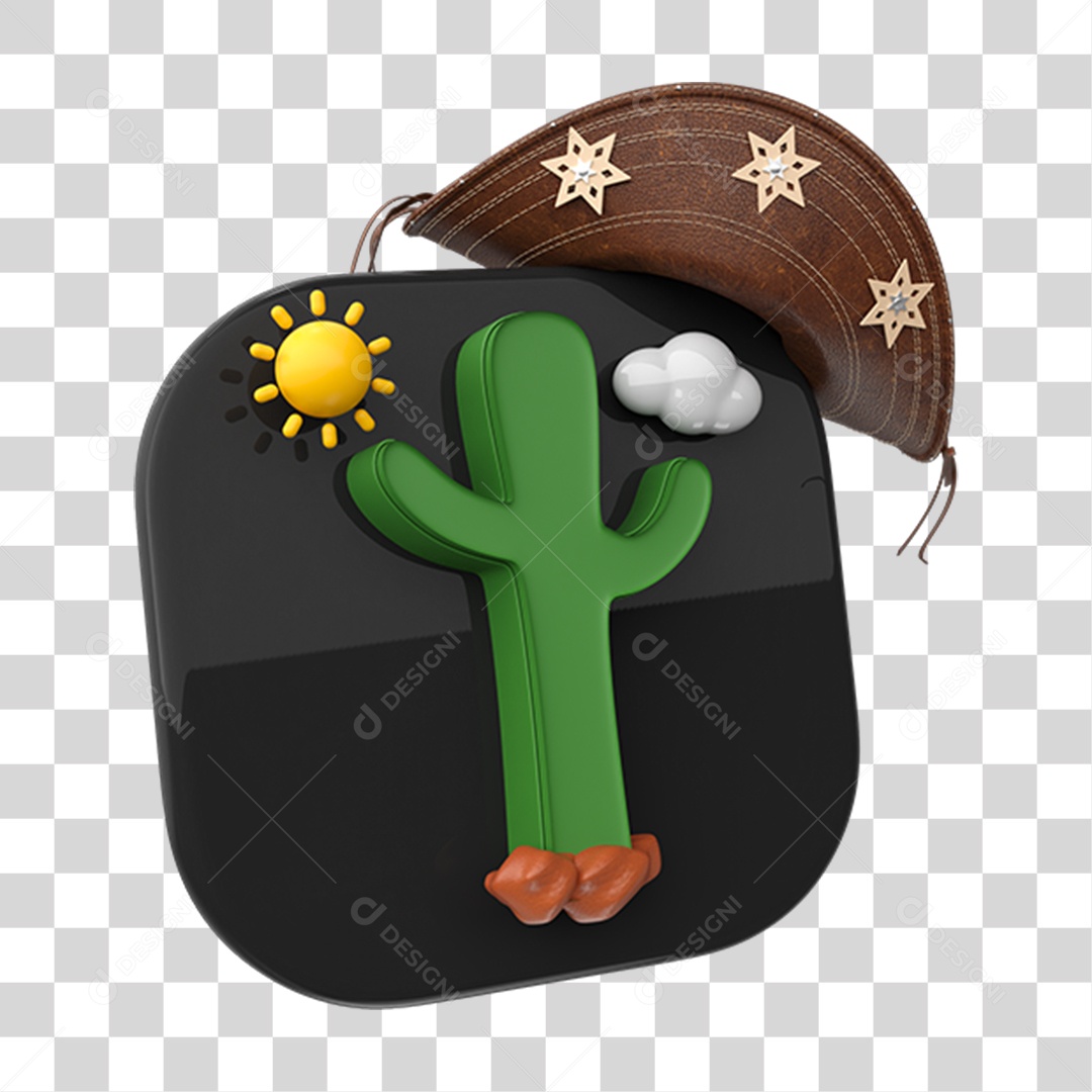 Elemento 3D Placa com Cacto Chapéu Nordestino PNG Transparente