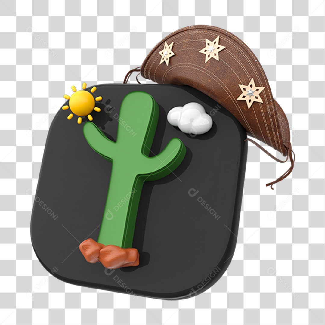 Elemento 3D Placa com Cacto Chapéu Nordestino PNG Transparente
