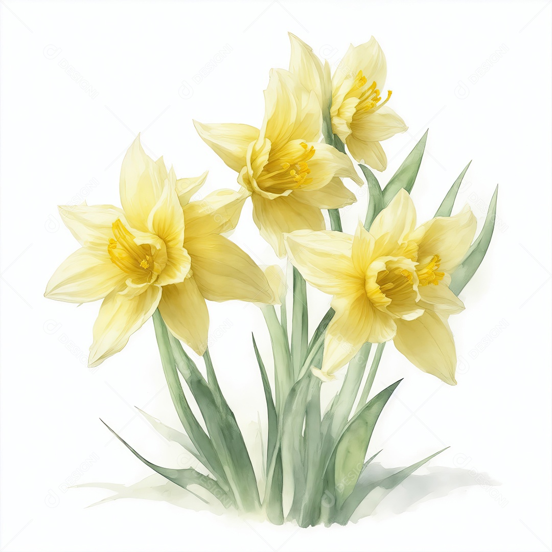 Ilustração de flores de narciso em estilo aquarela sobre fundo branco