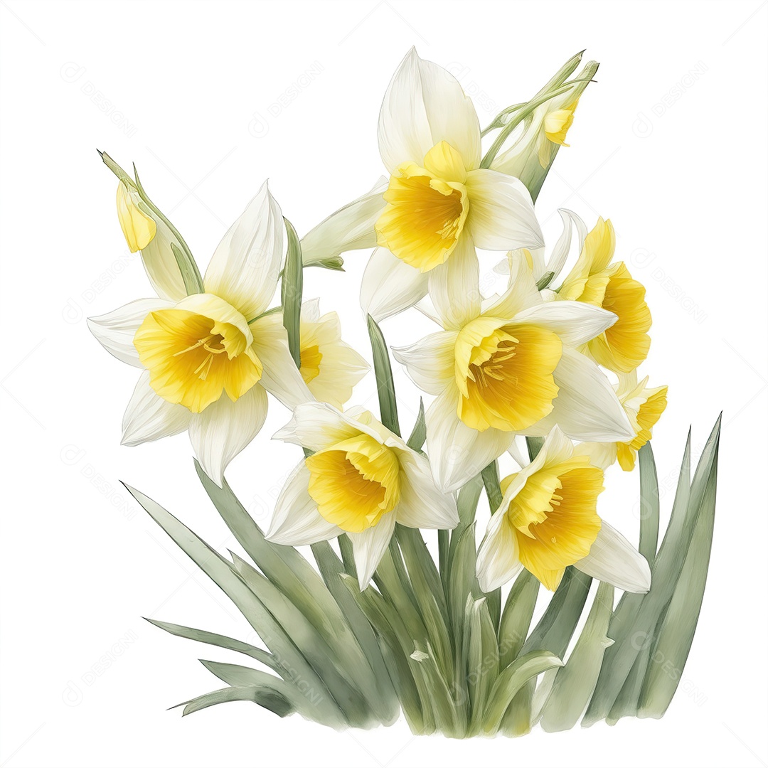 Ilustração de flores de narciso em estilo aquarela sobre fundo branco