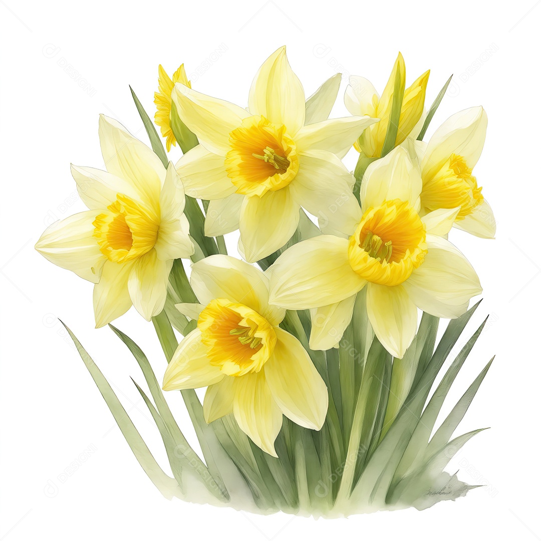 Ilustração de flores de narciso em estilo aquarela sobre fundo branco