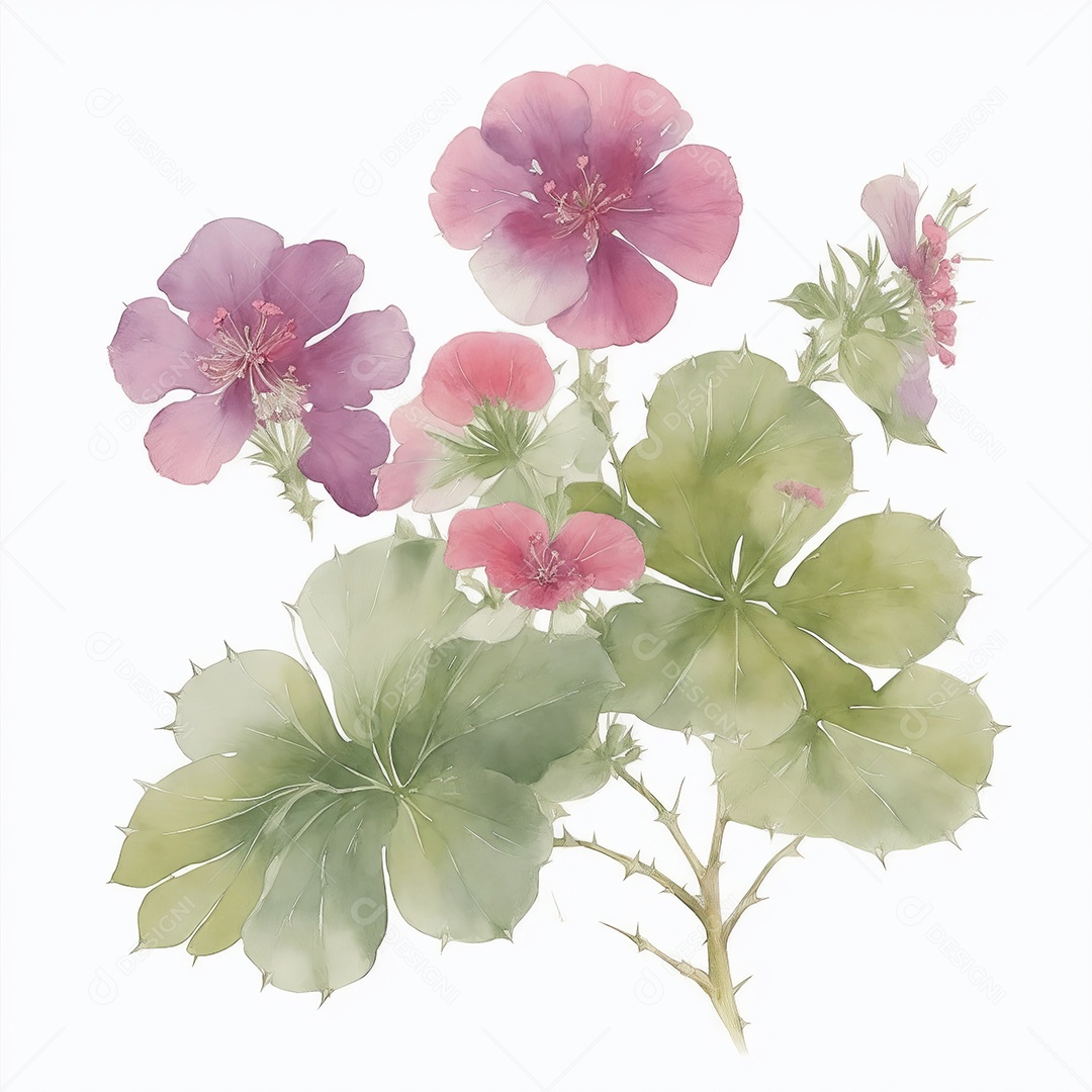 Ilustração de flores de gerânio em estilo aquarela sobre fundo branco