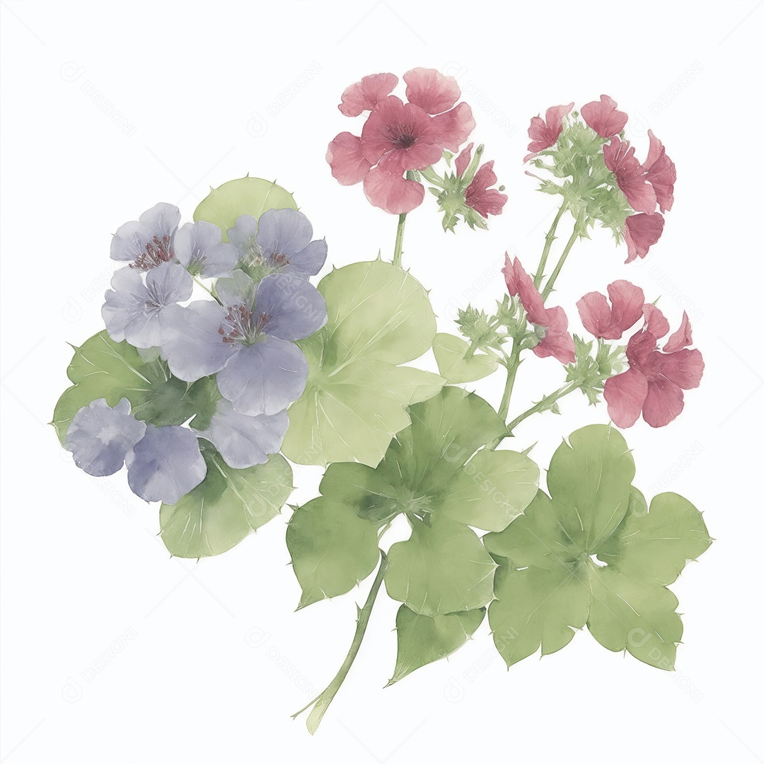 Ilustração de flores de gerânio em estilo aquarela sobre fundo branco