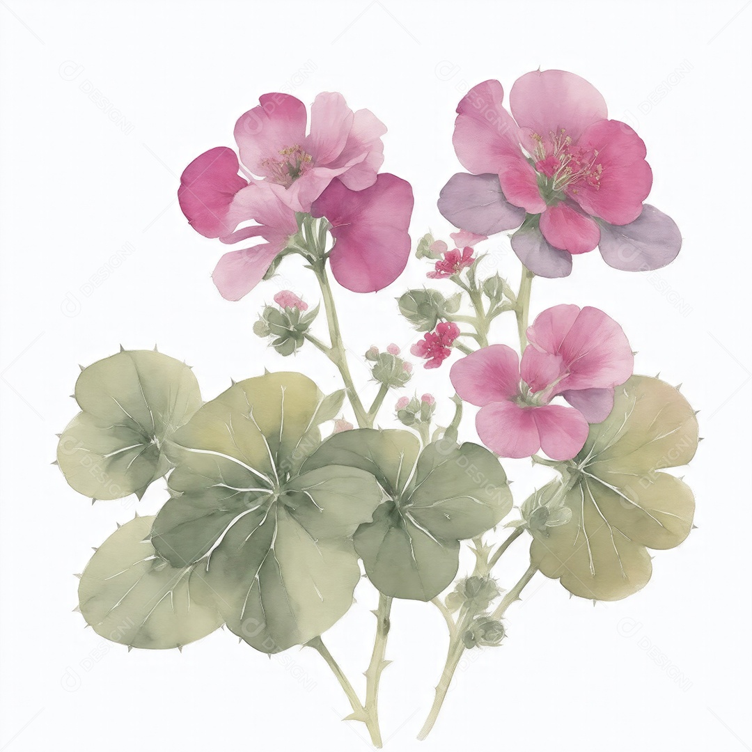 Ilustração de flores de gerânio em estilo aquarela sobre fundo branco