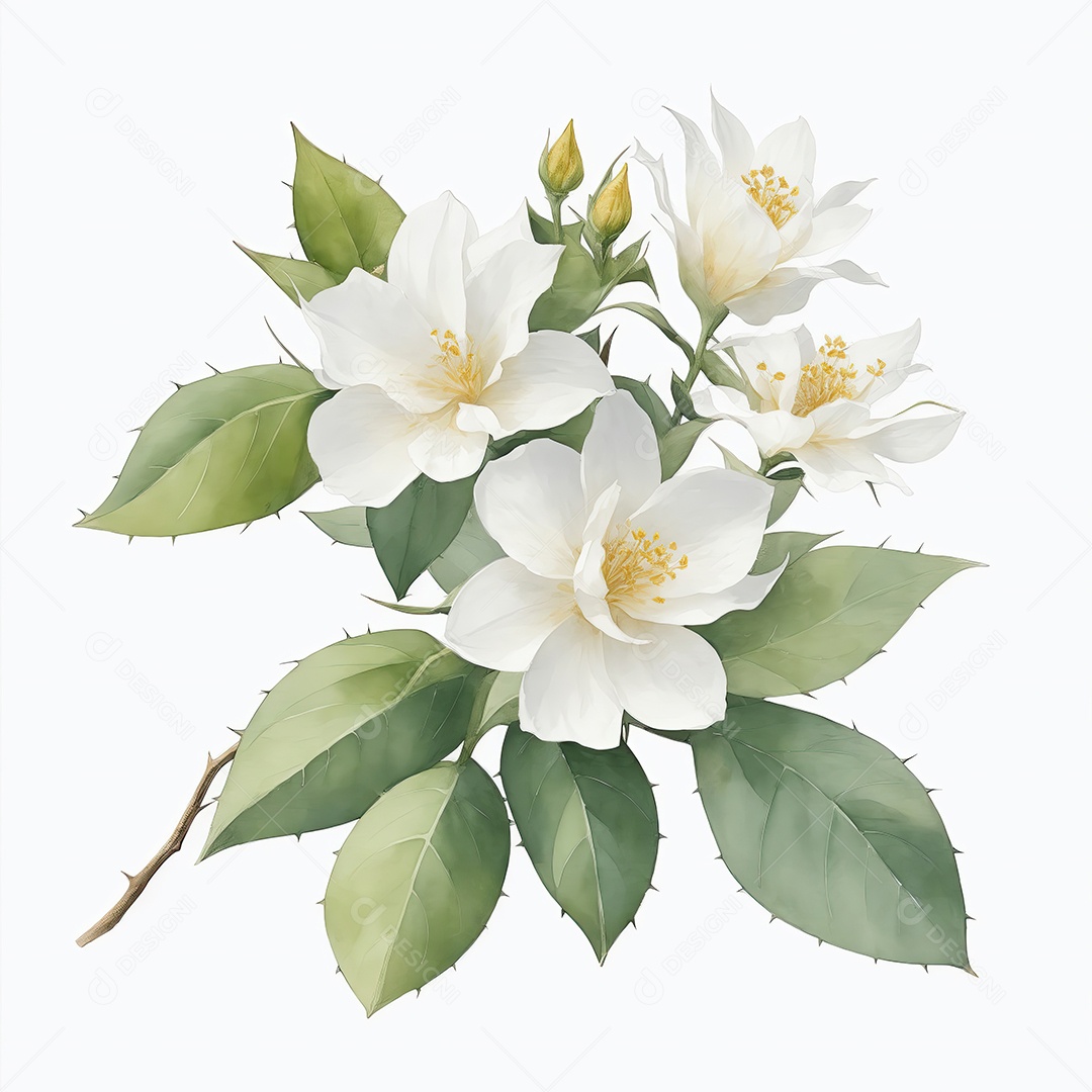 Ilustração de flores de jasmim em estilo aquarela sobre fundo branco