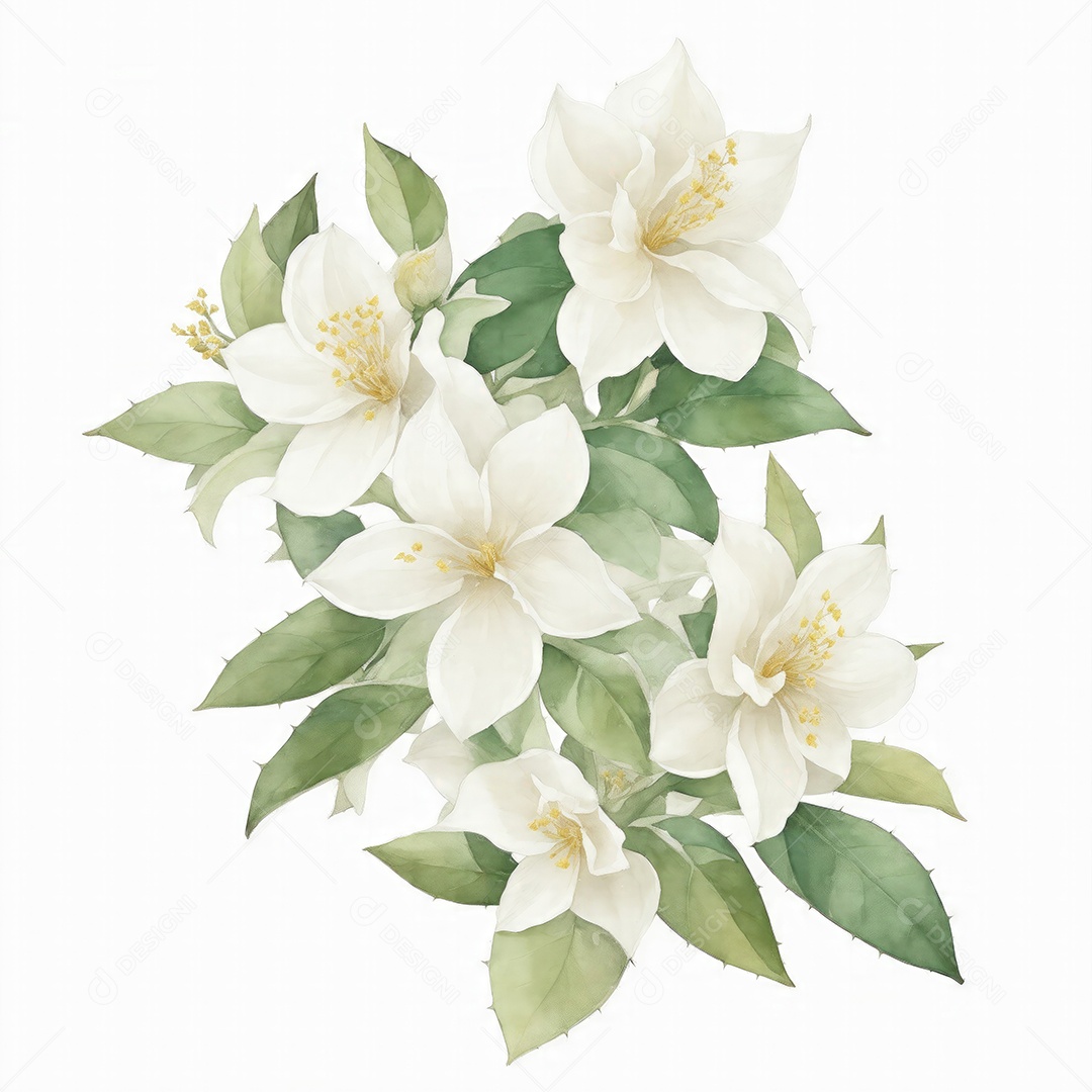 Ilustração de flores de jasmim em estilo aquarela sobre fundo branco