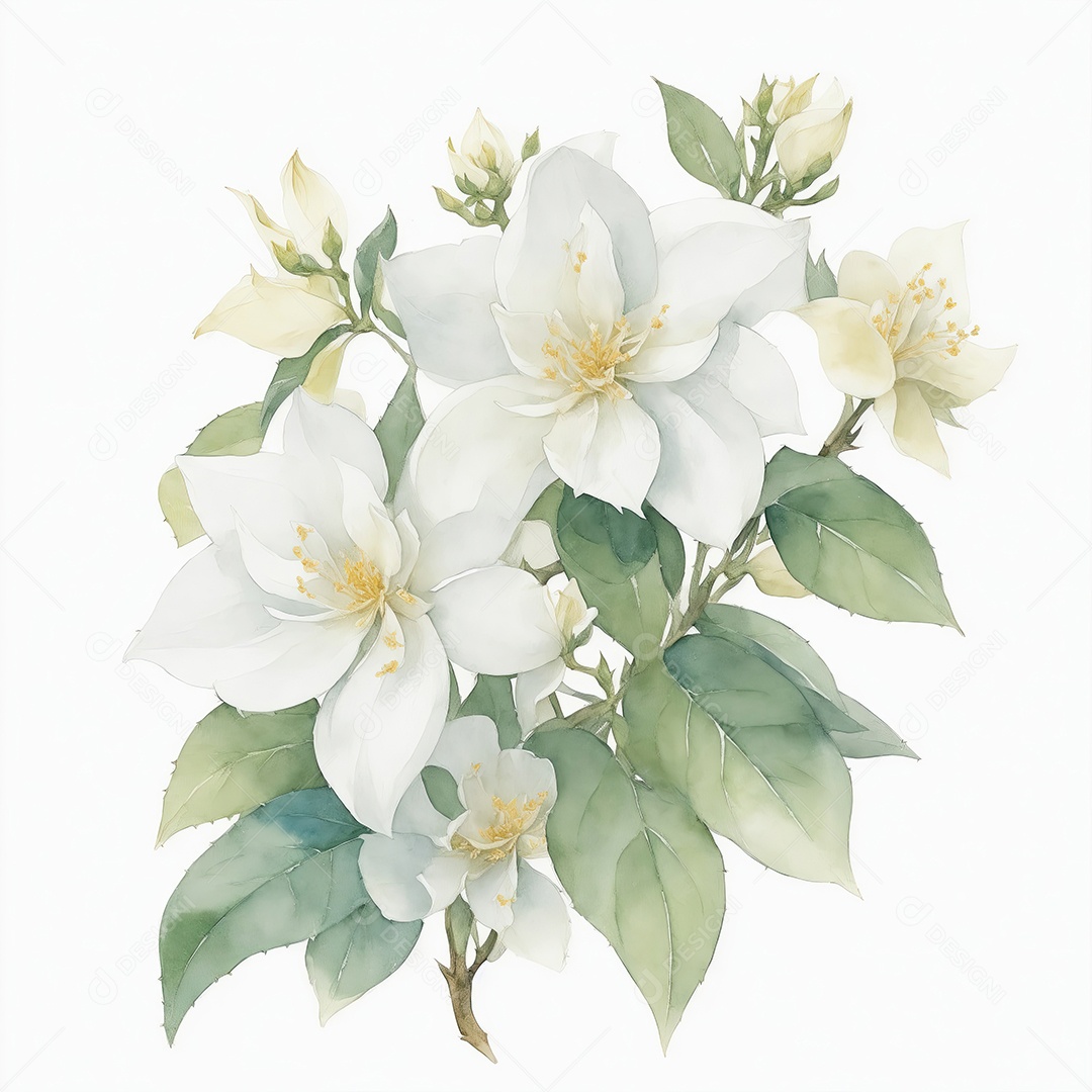 Ilustração de flores de jasmim em estilo aquarela sobre fundo branco