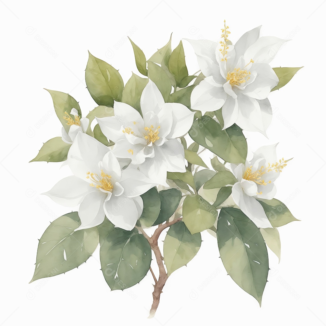 Ilustração de flores de jasmim em estilo aquarela sobre fundo branco