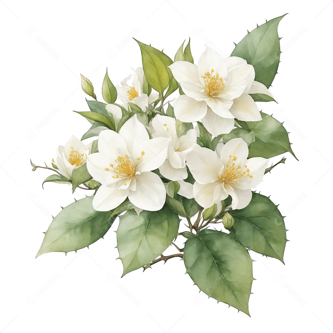 Ilustração de flores de jasmim em estilo aquarela sobre fundo branco