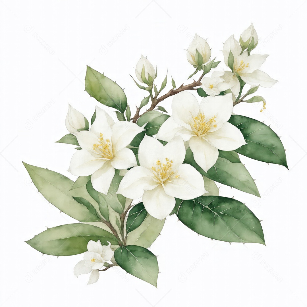 Ilustração de flores de jasmim em estilo aquarela sobre fundo branco