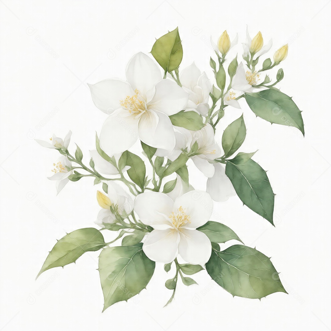 Illustration of jasmine flowers in watercolor style on white background