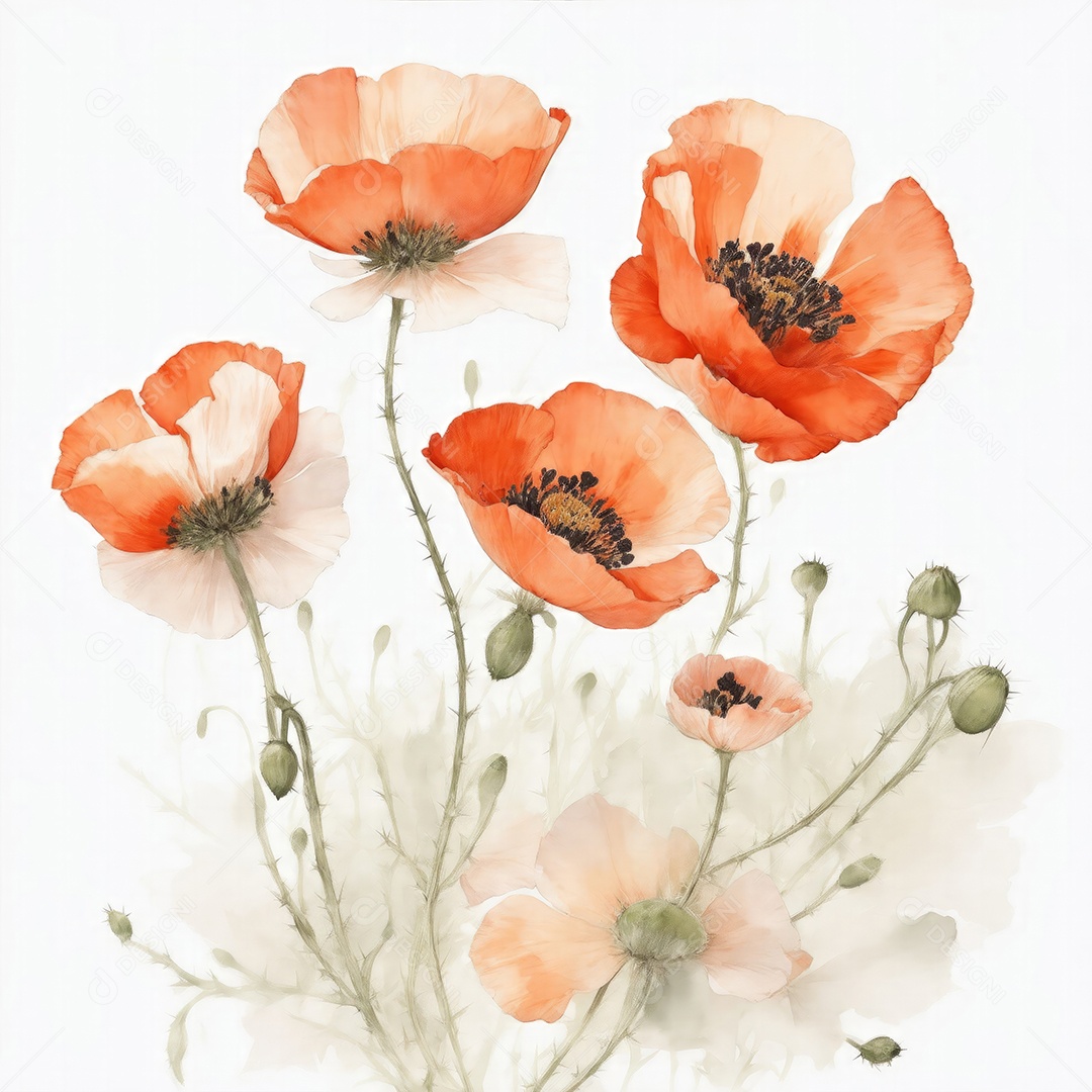 Ilustração de flores de papoula em estilo aquarela sobre fundo branco