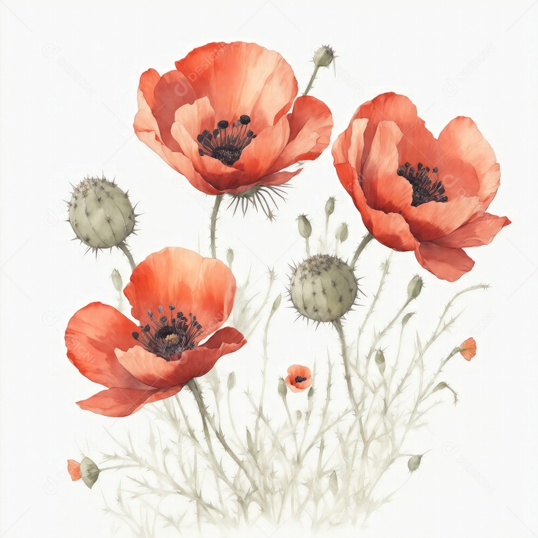 Ilustração de flores de papoula em estilo aquarela sobre fundo branco