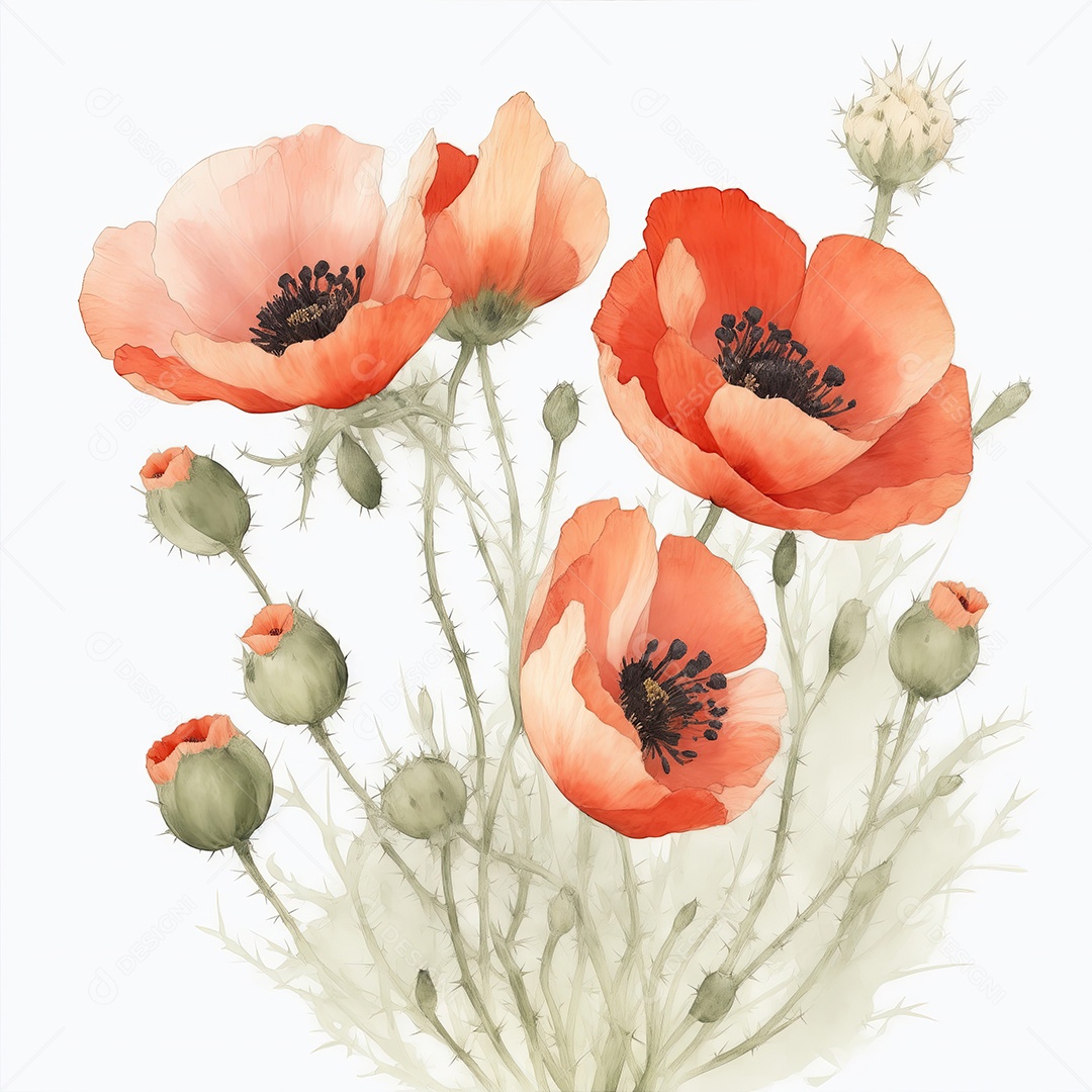 Ilustração de flores de papoula em estilo aquarela sobre fundo branco
