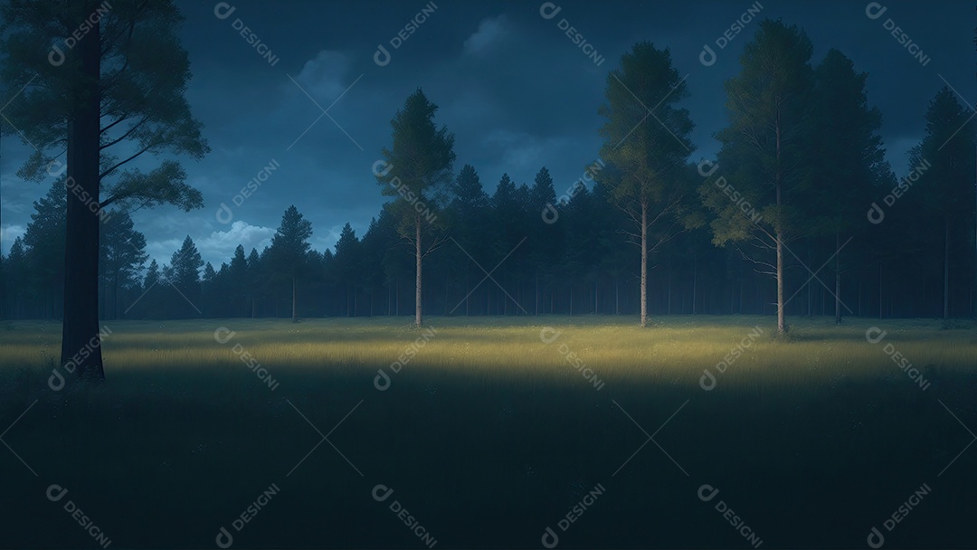 Floresta com gramas e árvores e um céu com nuvens