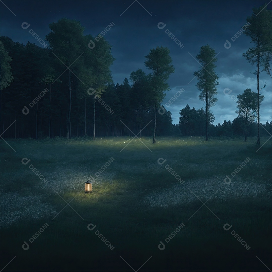 Uma floresta com grama e árvores e céu azul com pequenas nuvens