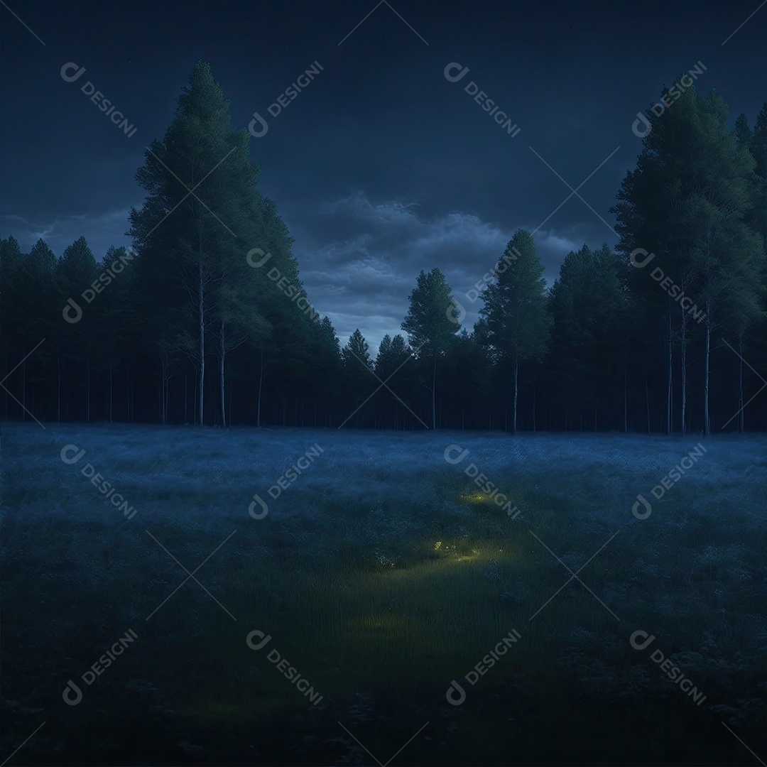 Uma floresta com grama e árvores e céu azul com pequenas nuvens
