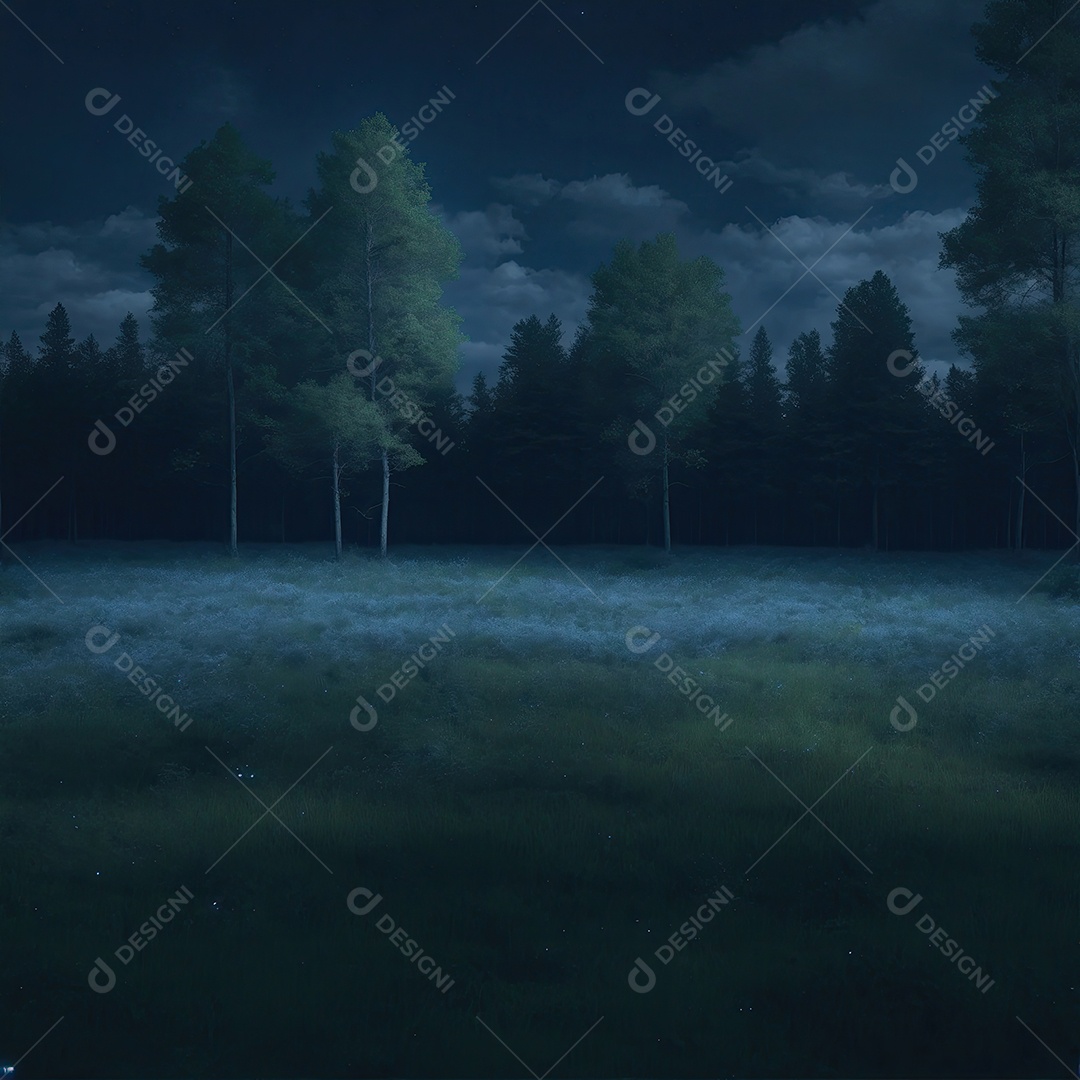 Uma floresta com grama e árvores e céu azul com pequenas nuvens