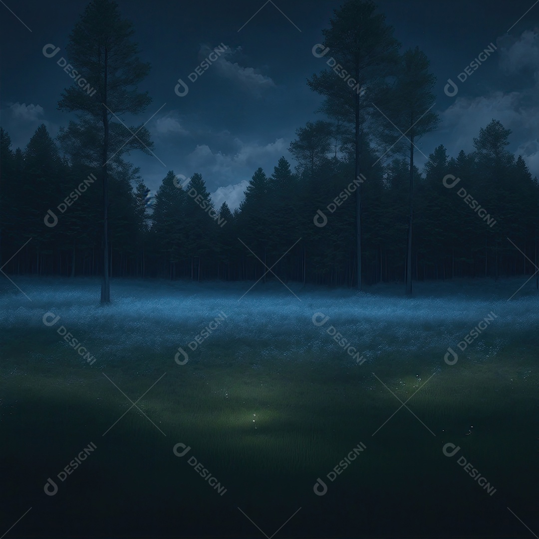 Uma floresta com grama e árvores e céu azul com pequenas nuvens