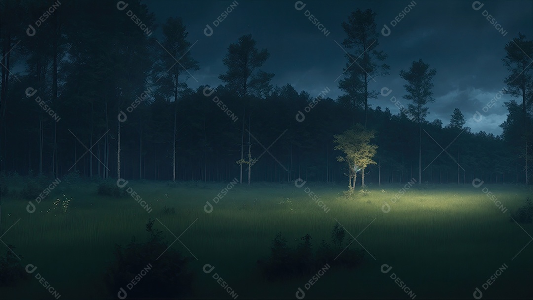 Uma floresta com grama e árvores e céu azul com pequenas nuvens