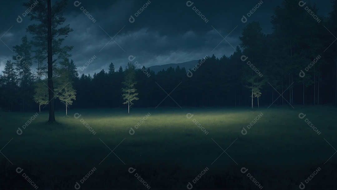 Uma floresta com grama e árvores e céu azul com pequenas nuvens