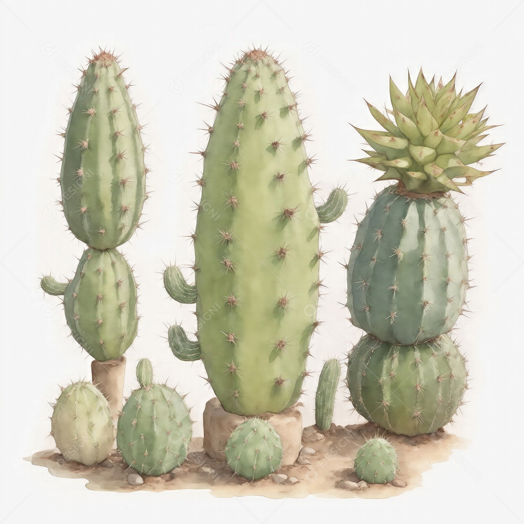 Cactos no vaso aquarela em um fundo branco