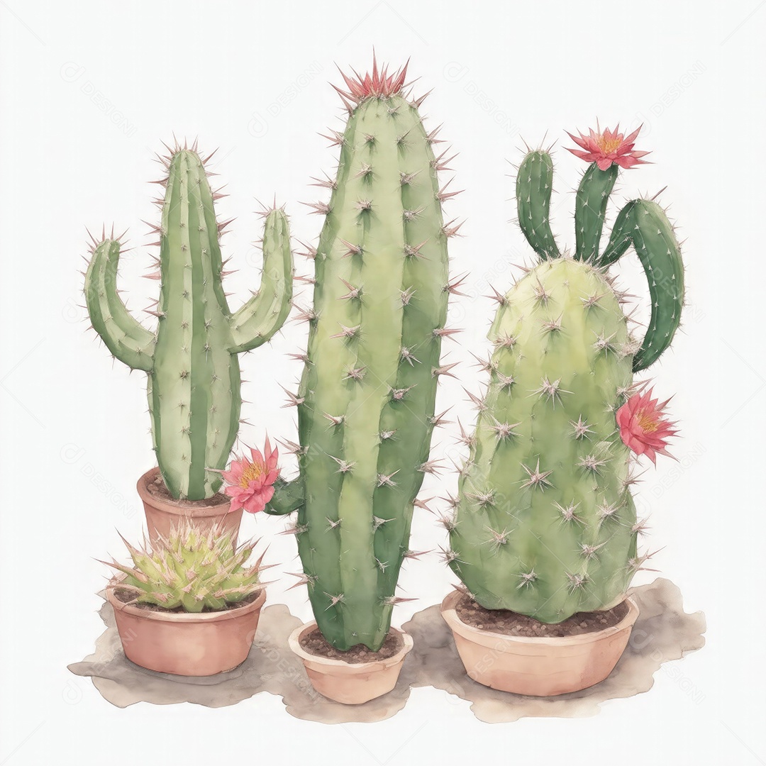 Cactos no vaso aquarela em um fundo branco