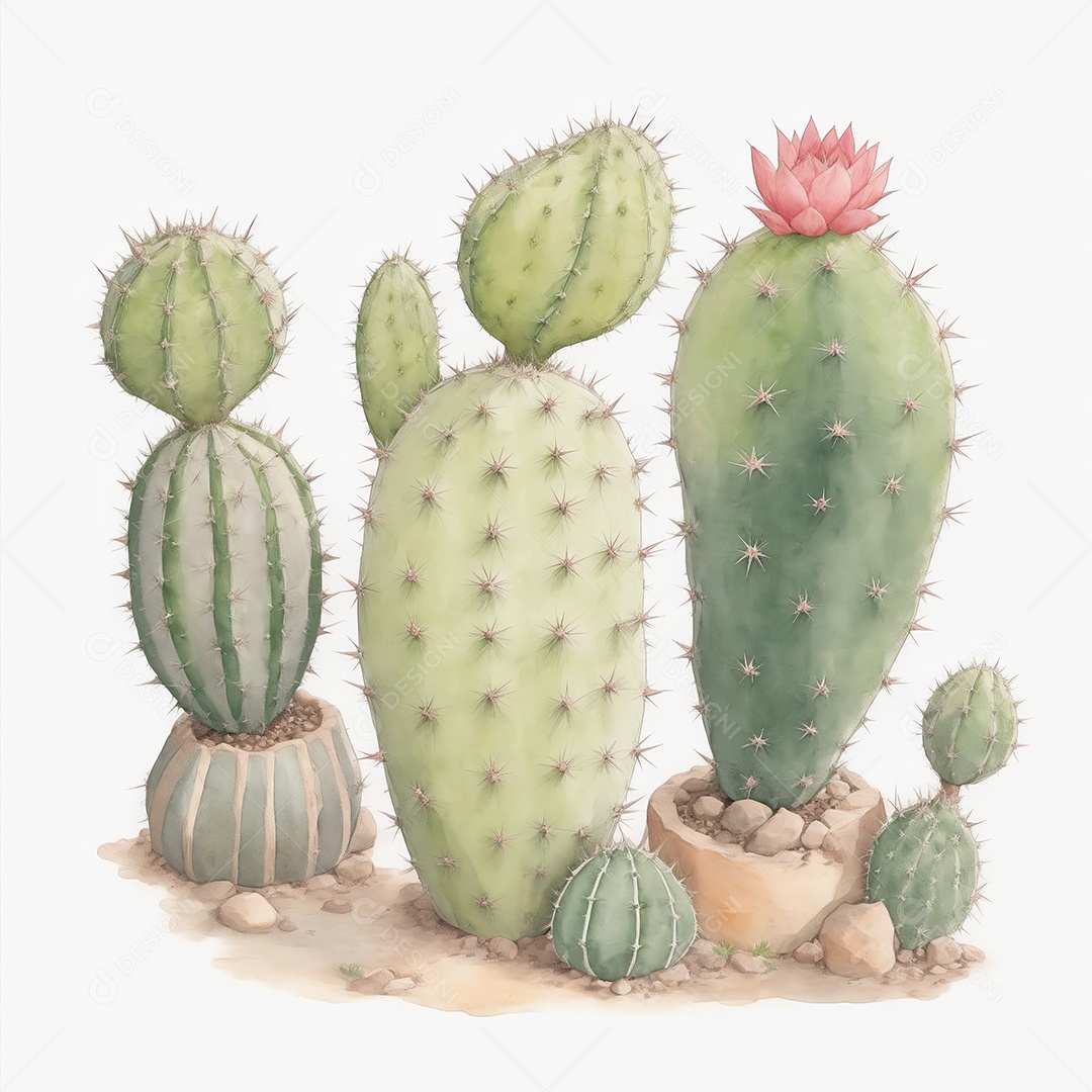 Cactos no vaso aquarela em um fundo branco