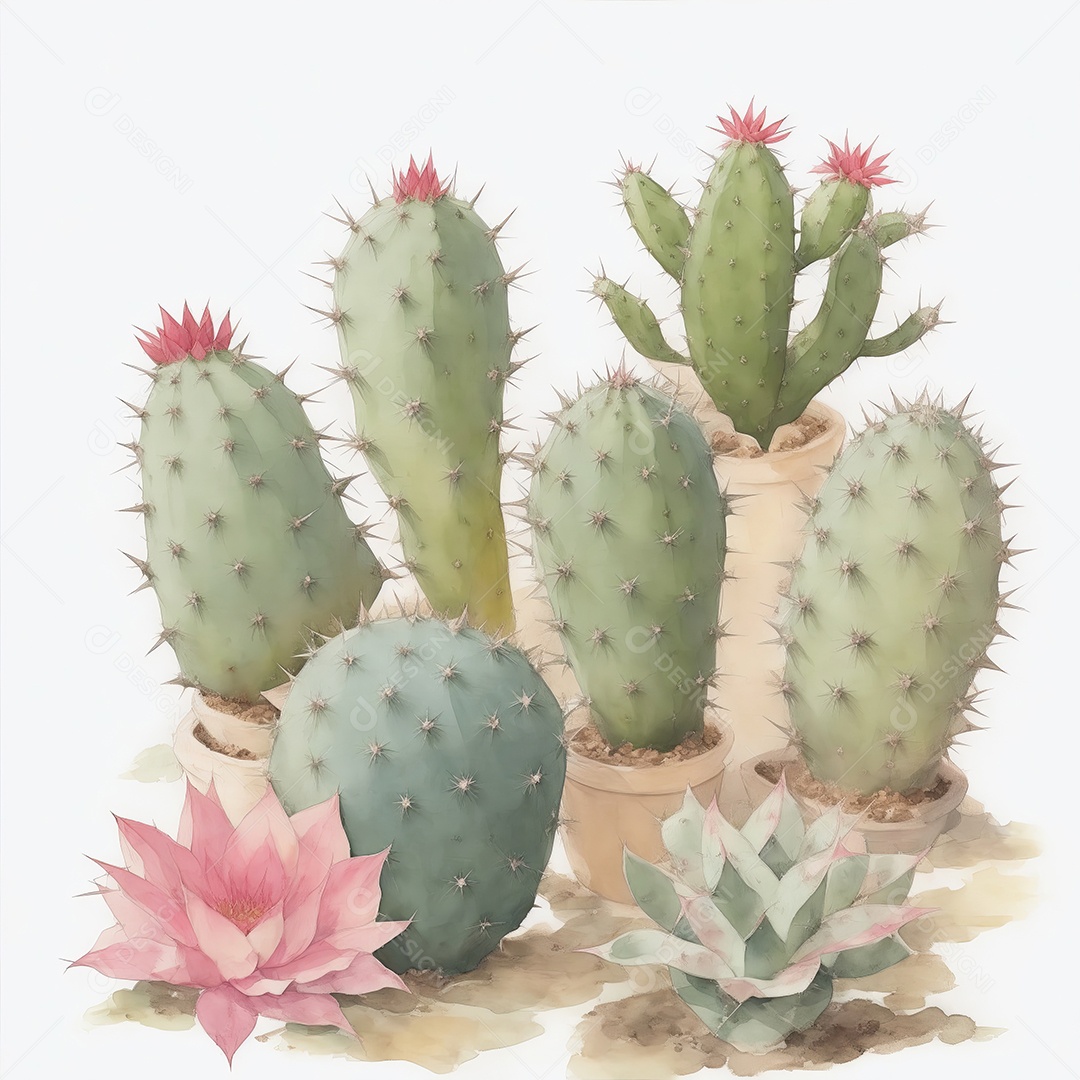 Cactos nos vasos aquarela em um fundo branco