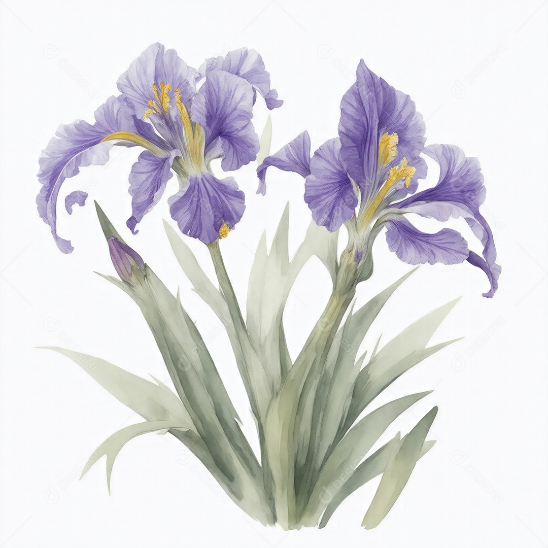 Ilustração de flores de íris em estilo aquarela sobre fundo branco