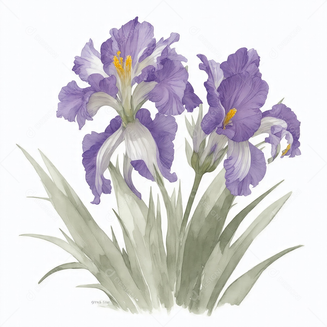Ilustração de flores de íris em estilo aquarela sobre fundo branco
