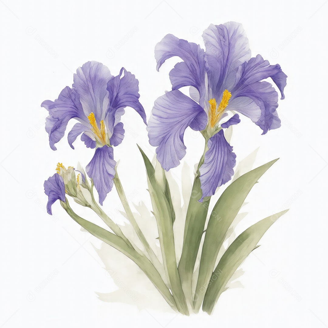 Ilustração de flores de íris em estilo aquarela sobre fundo branco