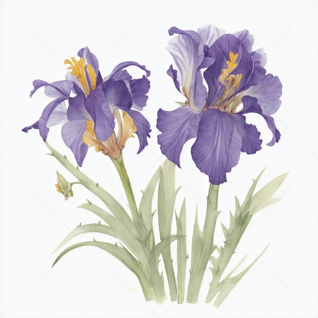 Ilustração de flores de íris em estilo aquarela sobre fundo branco