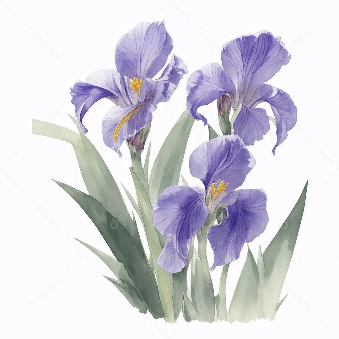 Ilustração de flores de íris em estilo aquarela sobre fundo branco