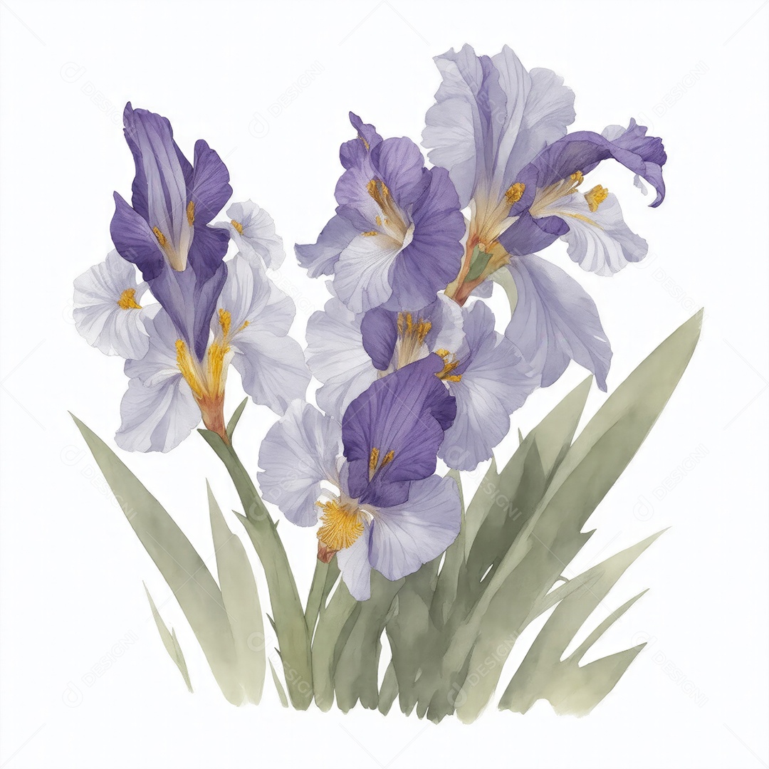 Ilustração de flores de íris em estilo aquarela sobre fundo branco