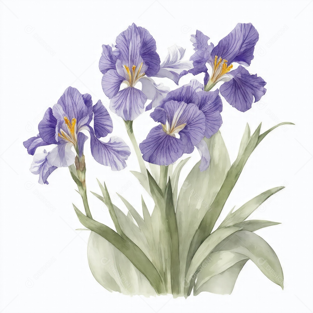 Ilustração de flores de íris em estilo aquarela sobre fundo branco