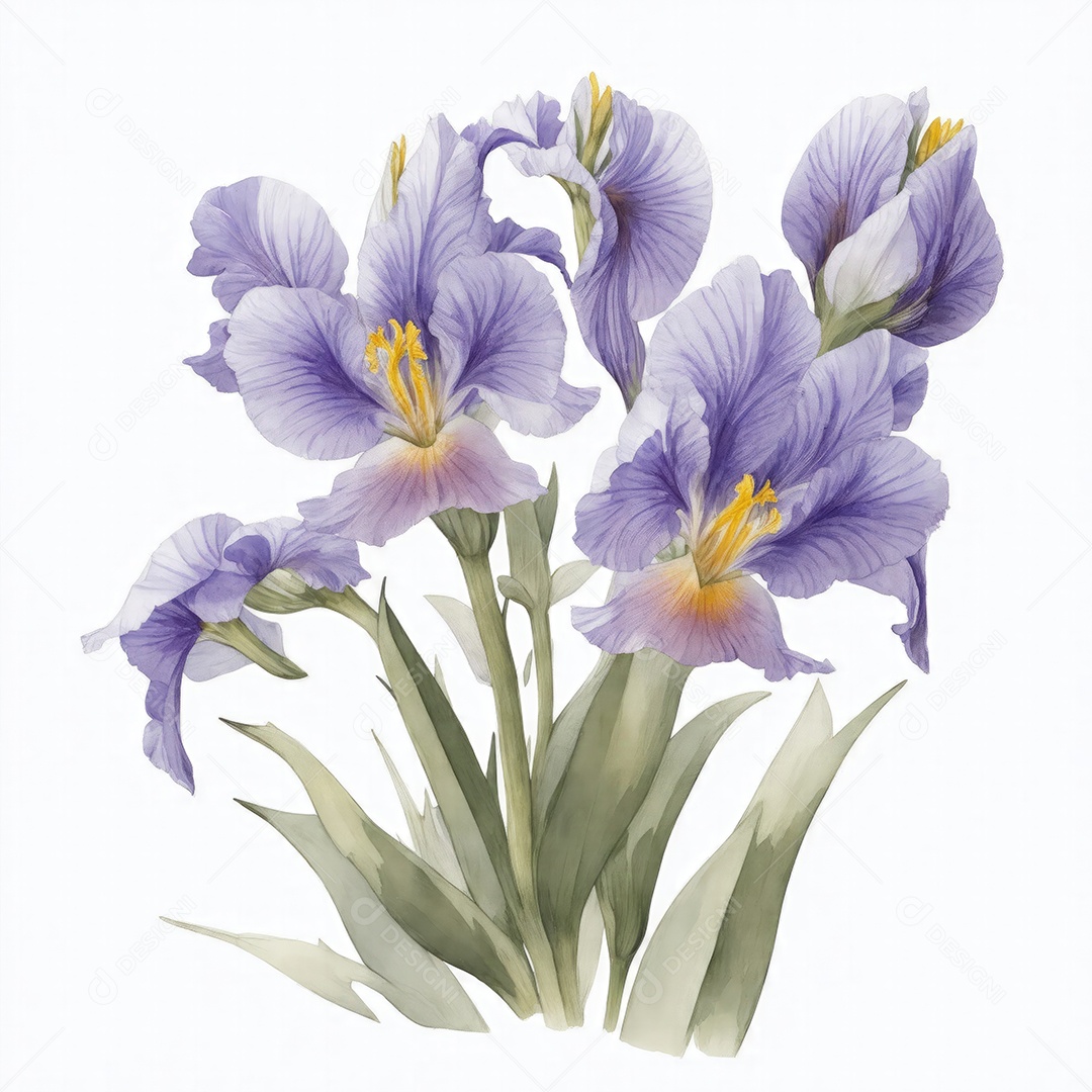 Ilustração de flores de íris em estilo aquarela sobre fundo branco