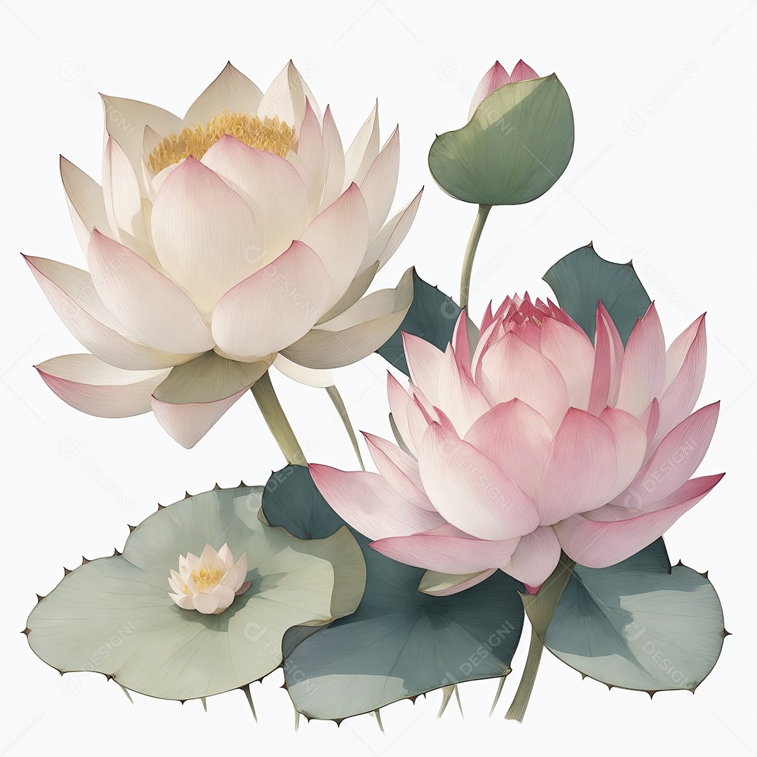 Ilustração de flores de lótus em estilo aquarela sobre fundo branco