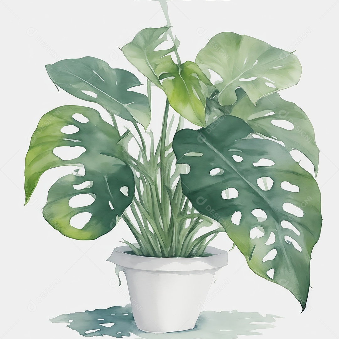 Plantas monstera no vazo aquarela sobre fundo branco