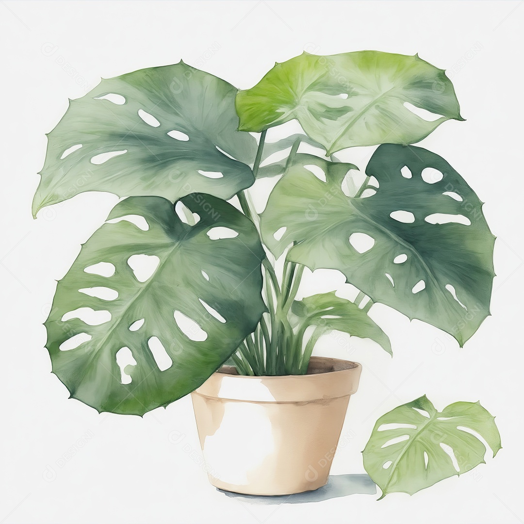 Monstera plants in vazo watercolor on white background