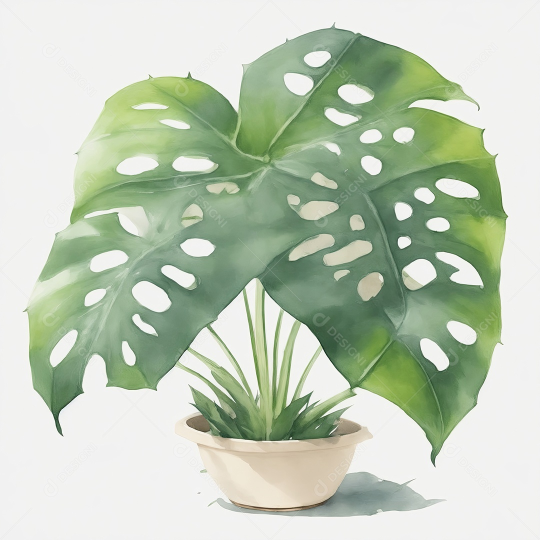Plantas monstera no vazo aquarela sobre fundo branco