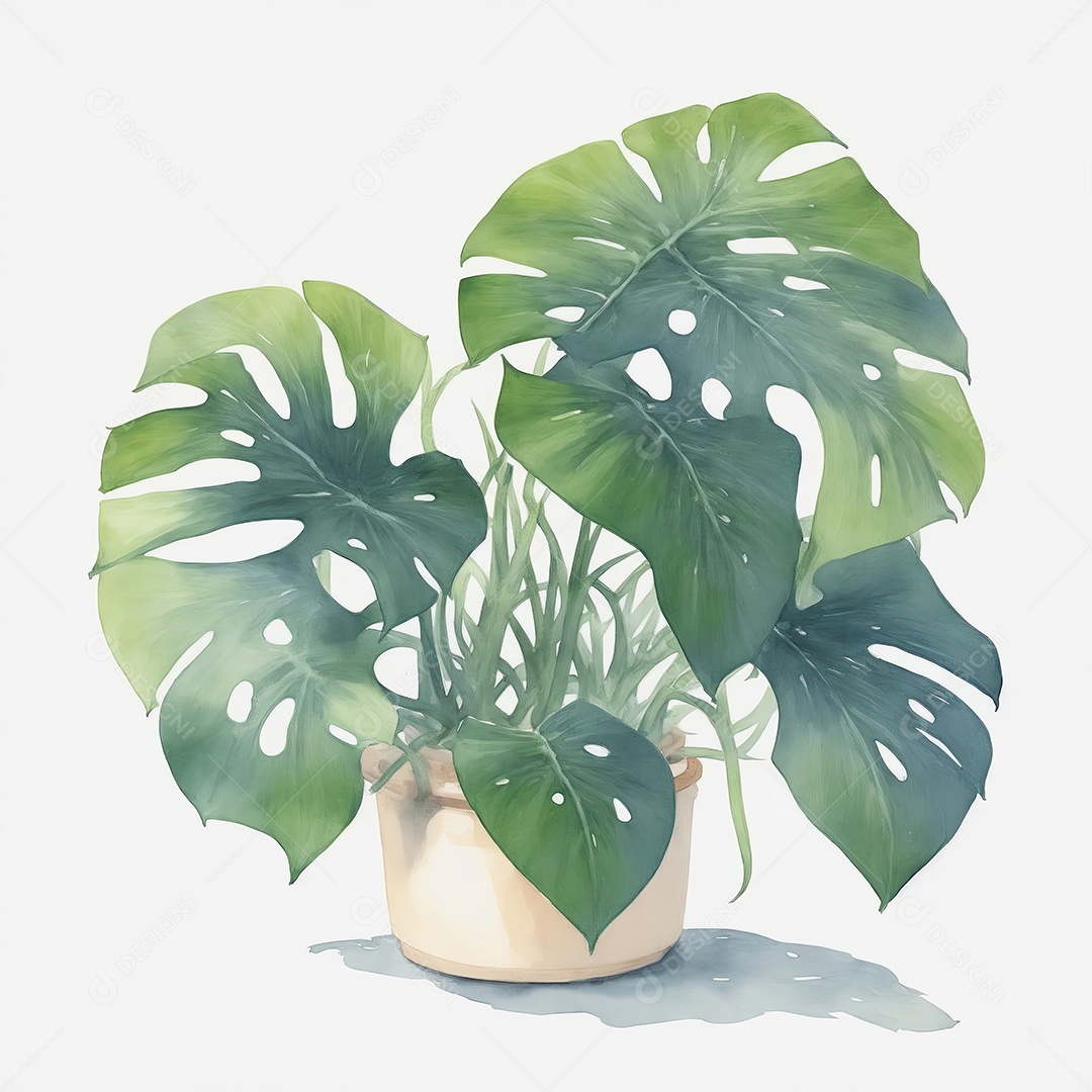 Plantas monstera no vazo aquarela sobre fundo branco