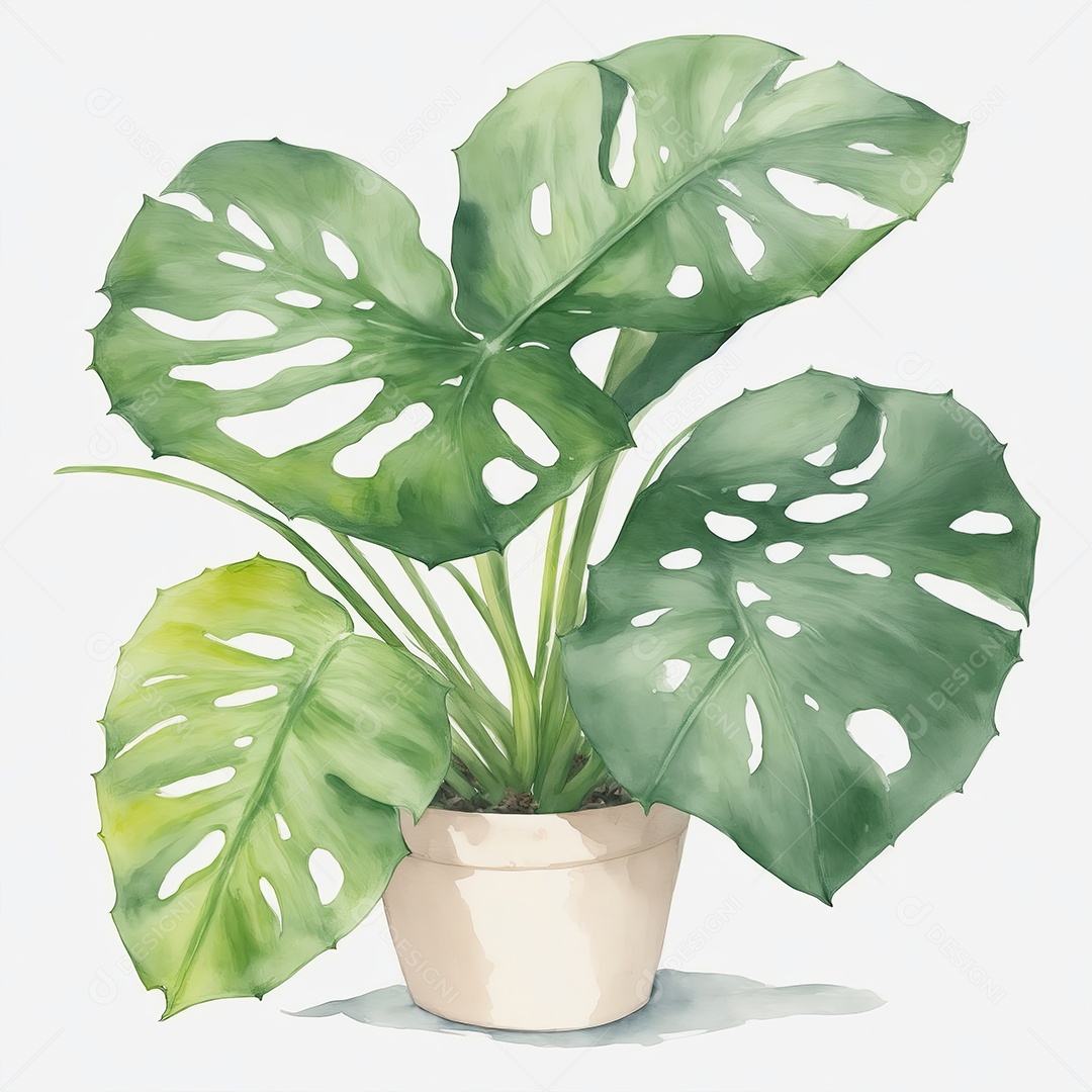 Plantas monstera no vazo aquarela sobre fundo branco