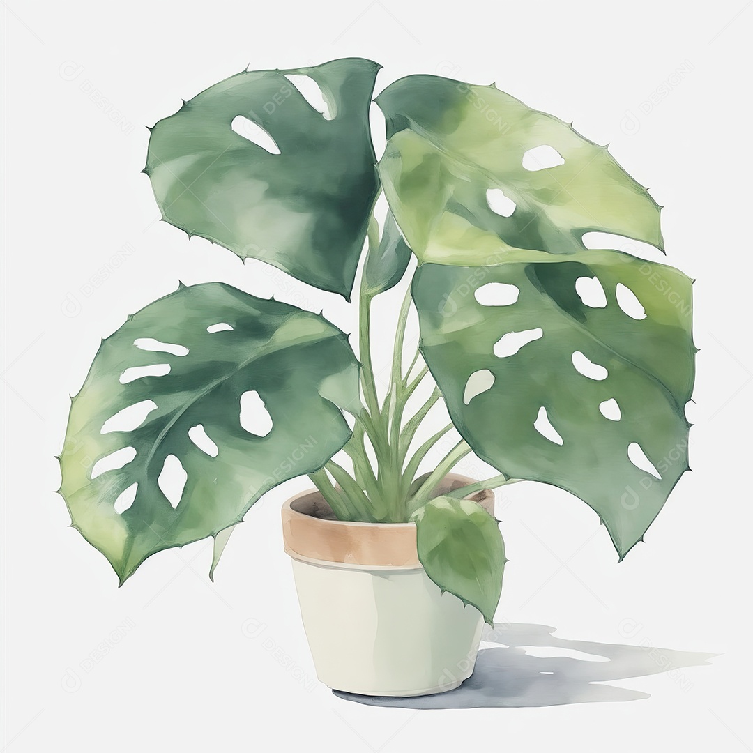 Plantas monstera no vazo aquarela sobre fundo branco