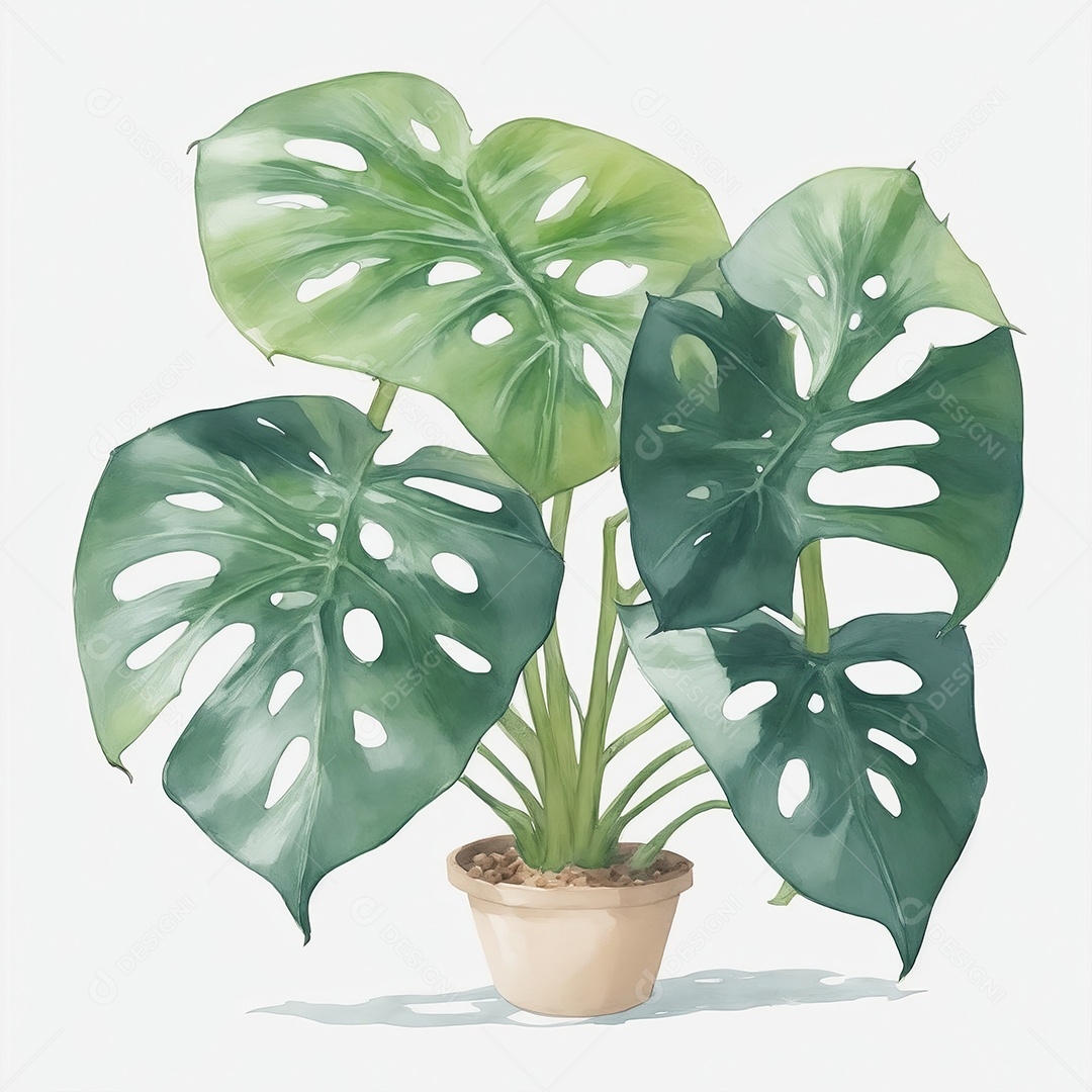 Plantas monstera no vazo aquarela sobre fundo branco