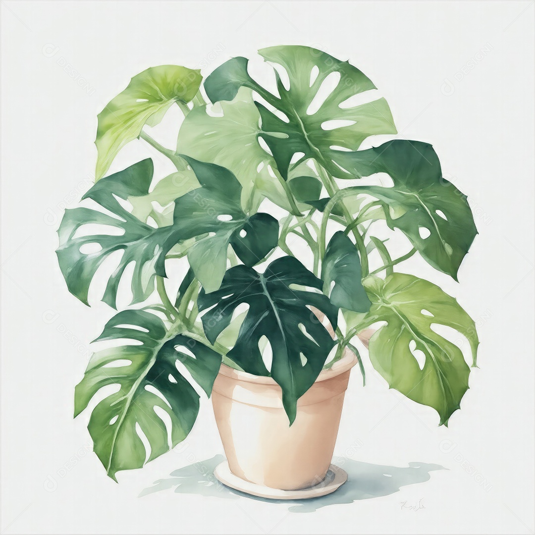 Plantas monstera no vazo aquarela sobre fundo branco