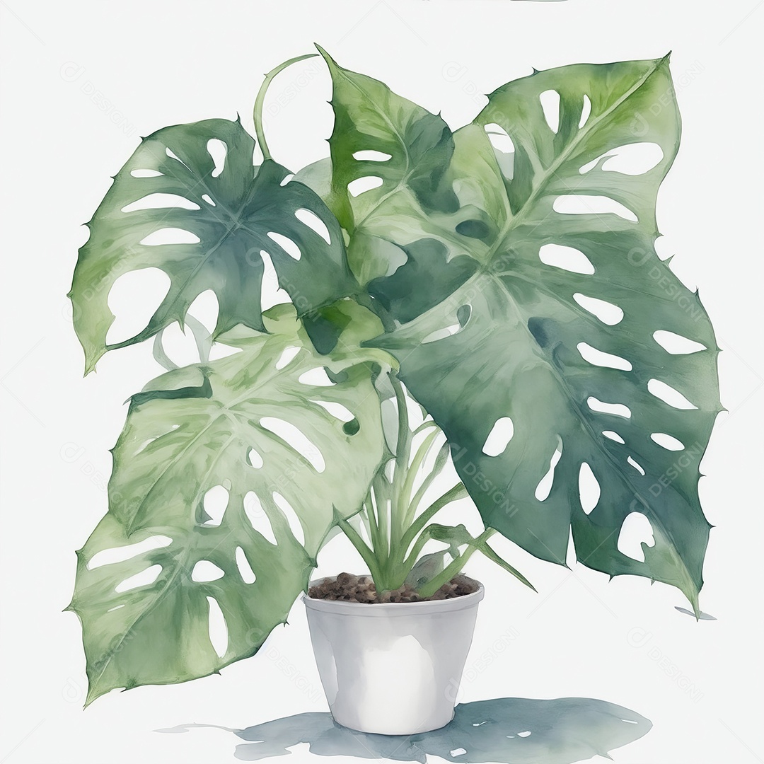 Plantas monstera no vazo aquarela sobre fundo branco